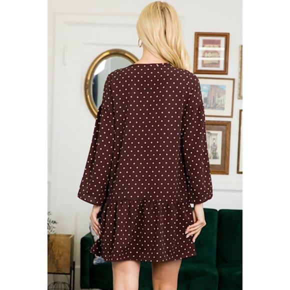 NWOT Women's Brown White Polkadots Long Flare Sleeves Mini dress with Pockets - Picture 3 of 8